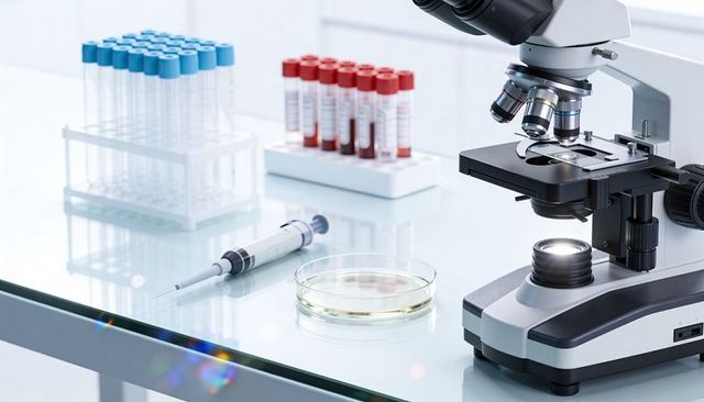 Laboratory microscope with petri dish, syringe and blood tube racks on reflective bench