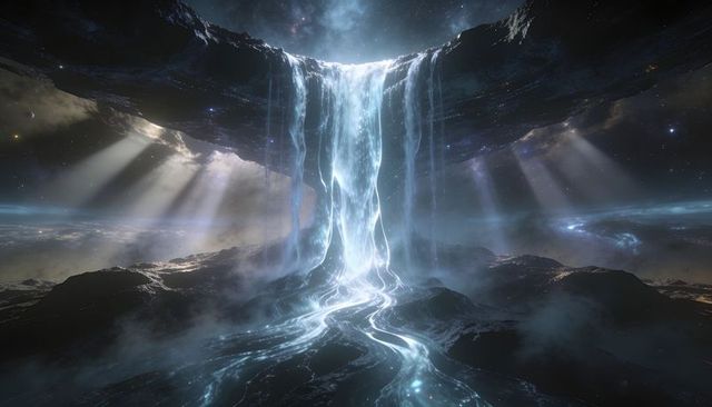 Luminous alien waterfall cascading from floating circular plateau into misty cracked basin