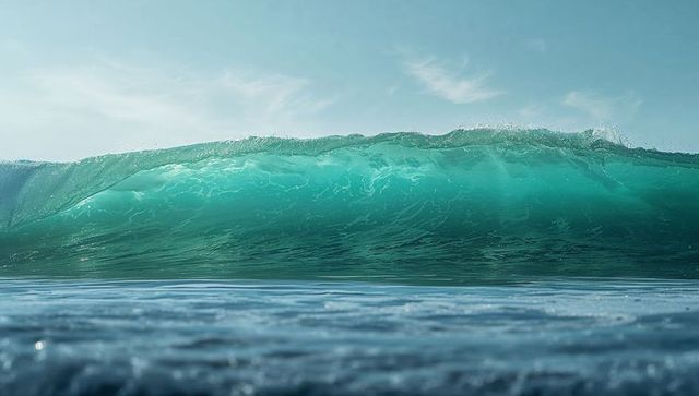 Turquoise ocean wave cresting with translucent face and sunlit foam