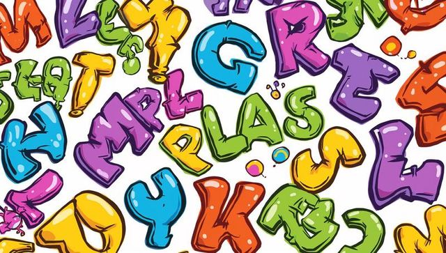 Colorful 3d graffiti alphabet pattern with bubble letters, paint drips, splatter