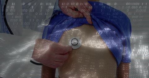 Doctor examining child overlayed with binary code symbolizing health technology