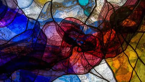 Vivid Abstract Mosaic with Overlapping Shapes and Maplike Design