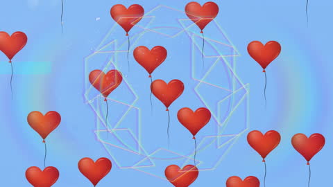 Floating Red Heart Balloons Abstraction on Blue Background