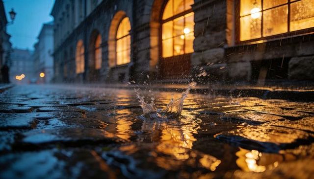 Evening rain splashing on wet cobblestone street with warm arched lights and reflections