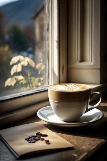 Inviting scene of steaming coffee cup with latte art in sunlit window, accompanied by notebook and scattered coffee beans. Ideal for expressing relaxation, morning routines, and cozy moments at home or a café. Perfect for blogs, lifestyle articles, and advertising coffee shops or tranquil spaces.