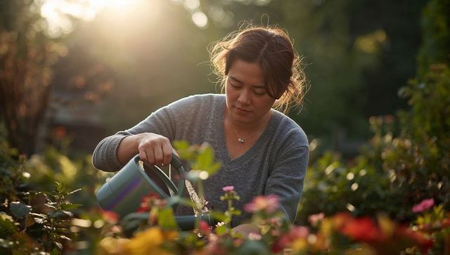 Asian woman tending vibrant flowerbed at golden hour pouring water from green watering can