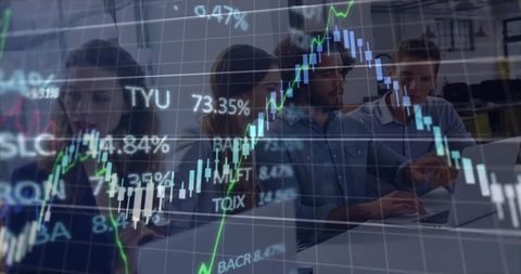 Office team collaborating on fintech analytics with candlestick chart overlay