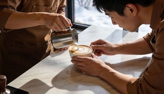 Baristas pouring latte art while colleague holding cup on marble counter in sunlight