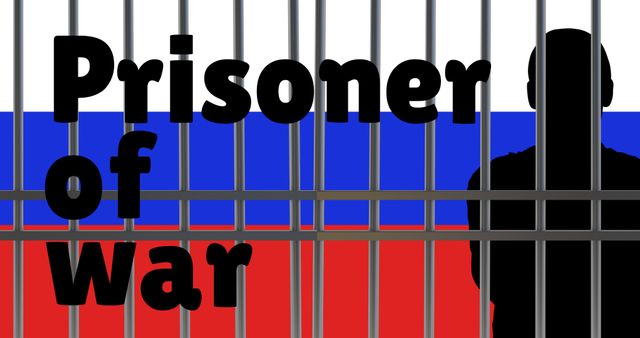 Illustration of man standing behind prison bar against russian flag with prisoner of war text. Copy space, national pow, military, imprison, honor, war, memorial event and patriotism concept.