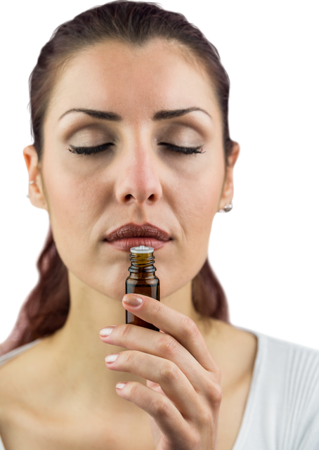 Woman Smelling Medicine Bottle with Closed Eyes on Transparent Background - Download Free Stock Videos Pikwizard.com