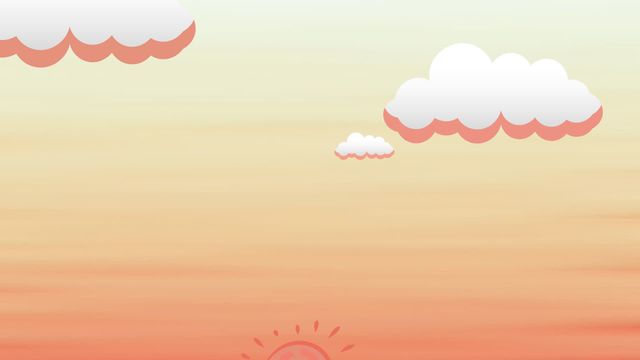 This animated illustration showcases a serene and minimalistic design featuring the sun partially rising above the horizon amidst fluffy clouds against an orange-hued sky gradient. Perfect for thematic visuals on weather, tranquil scenes, or atmospheric concepts, it can be useful for creating posters, digital wallpapers, or background designs for presentations.