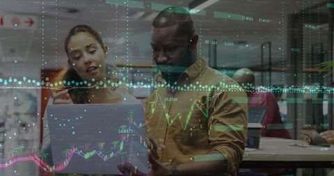 Diverse Professionals Analyzing Data with Technology Overlay