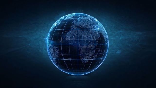 Glowing Digital Globe Showing Grid and Dotted Continents in Cyan-Blue Hologram