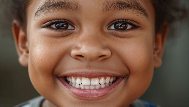 Close-up smiling child with toothy grin, sparkling brown eyes, glowing joyful expression