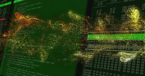 Futuristic data stream visualizing file encryption with neon particle ribbons over code
