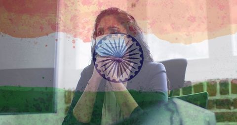 Woman Wearing Face Mask in Office Overlaid with Indian Flag Colors