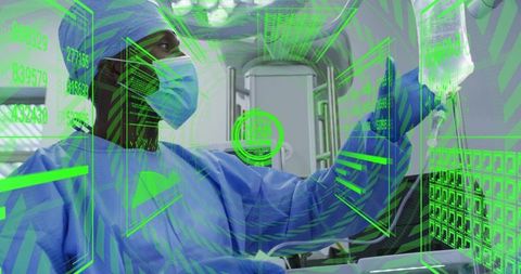 Clinician manipulating green ar overlays while adjusting iv bag inside compact ambulance bay