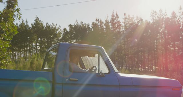 This image effectively portrays the serenity of rural life, emphasizing a man driving a classic blue pickup truck through a sunny countryside with trees in the background. Ideal for use in promotions about rural life, outdoor activities, lifestyle blogs, or scenic travel articles, emphasizing the beauty and tranquility of country roads on a sunny day.