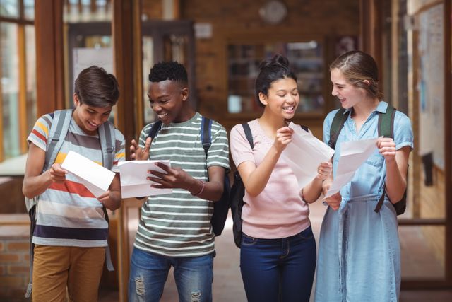 Group of diverse students standing in school hallway, looking at their grade cards and celebrating their success. Ideal for use in educational materials, school brochures, and articles about academic achievement and student life.