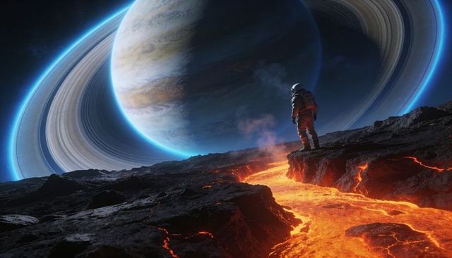 Standing astronaut watching molten lava flowing from volcanic cliff under ringed gas giant