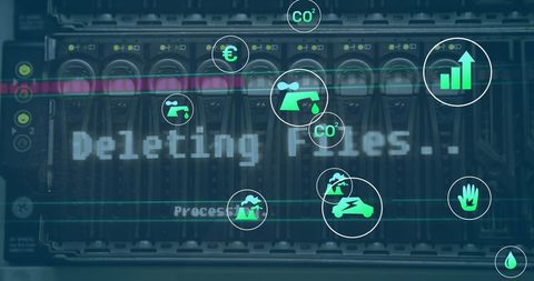 Digital icons over data server system indicating networking concept