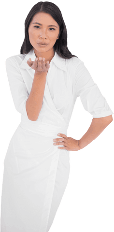 Elegant model in white dress giving air kiss transparent background