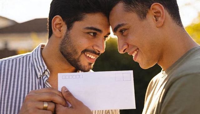 Two men touching foreheads while holding envelope in golden-hour backyard embrace