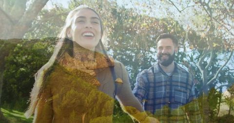 Couple hiking on sunlit hillside double exposure blending nature, joyful connection