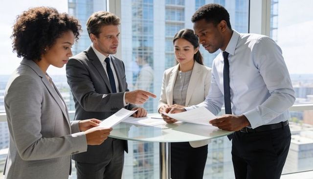 Multicultural Team Reviewing Reports Around Glass Table in High-Rise Office