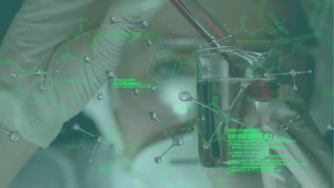 Female Scientist Engaged in Molecular Analysis with Beakers and Data Graphics