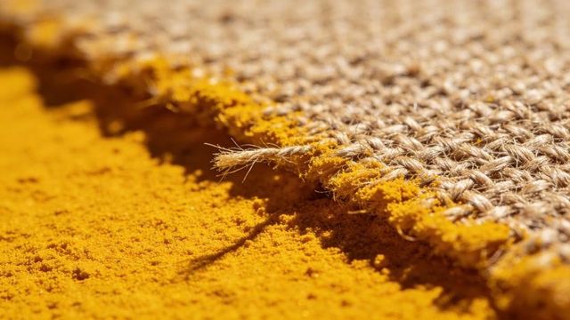 Macro jute fringe clinging bright turmeric powder on burlap texture, rustic spice