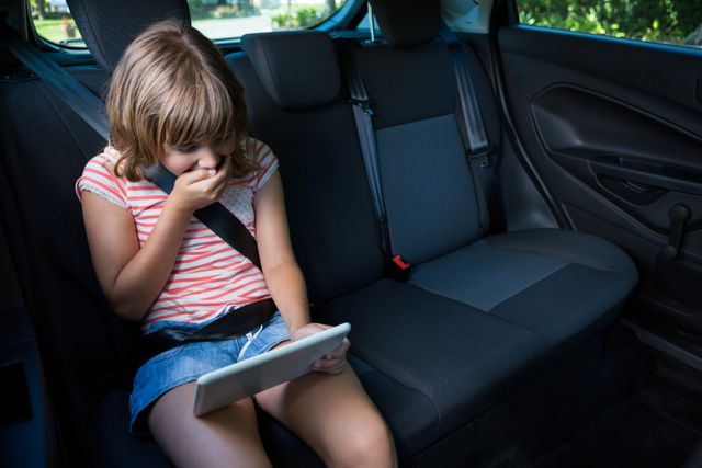 Teenage girl sitting in the back seat of a car, using a digital tablet while smiling. She is wearing casual clothing and a seatbelt, emphasizing safety during travel. This image is ideal for themes related to family trips, technology use among children, road safety, and entertainment during travel.
