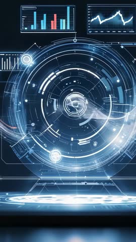 Vertical Futuristic Holographic Interface Hands Swiping Data Analytics Controls