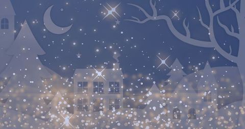 Paper cut-out snowy village at night with sparkling lights