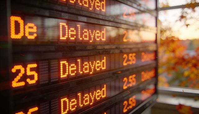 Led departures board showing multiple delayed trains at golden hour transit platform