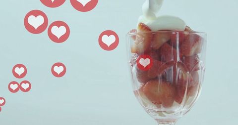 Juicy Strawberries with Cream and Heart Icons Floating - Download Free Stock Images Pikwizard.com