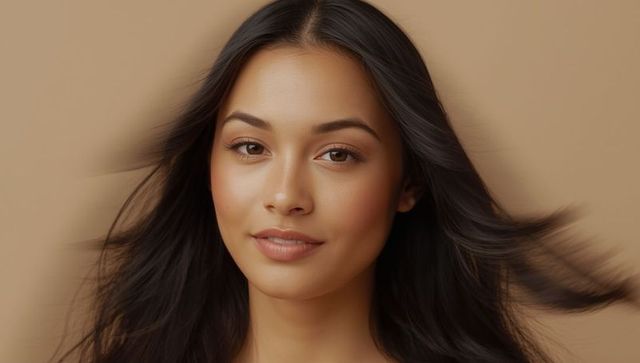 Elegant Woman with Windswept Hair Against Beige Background