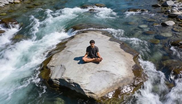 Meditating man sitting cross-legged on solitary river boulder surrounded by rushing rapids