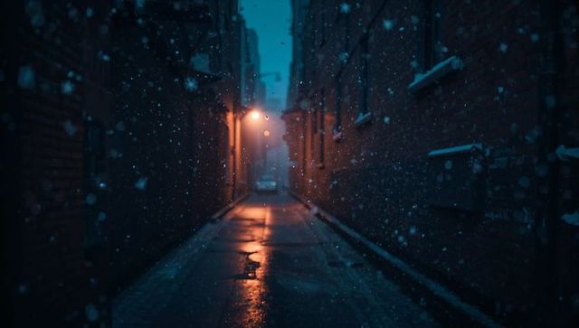 Glowing alleyway at night with wet reflective pavement and drifting snow, amber blue light