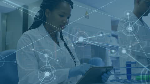 African American female doctor wearing a lab coat interacts with a tablet, viewing digital data with visual network connections overlaid. Ideal for showcasing the integration of technology in modern medical practices, illustrating digital healthcare innovation, and representing futuristic approaches in data-driven care management and analysis.