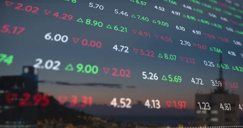 Digital stock market data transparency in cityscape overlay