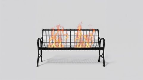 Modern Black Metal Bench Ablaze with Vibrant Fire Flames