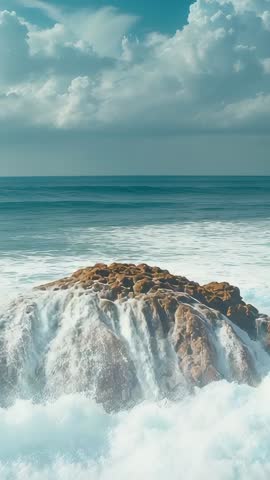 Vertical seascape video of ocean swell crashing over rocky outcrop with white spray