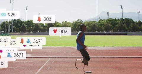 Athlete with Prosthetic Limbs Training on Track with Social Media Overlays - Download Free Stock Images Pikwizard.com