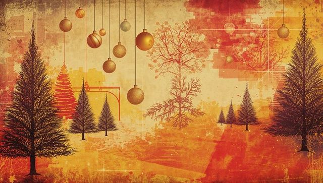 Festive Holiday Scene with Stylized Trees and Gold Baubles
