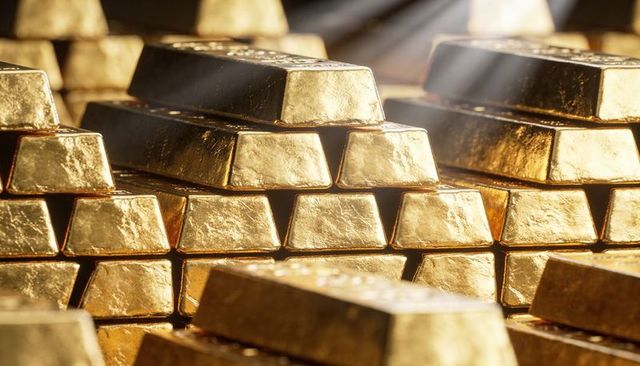 Glinting gold bullion stacking in vault reflecting light with rich metallic texture