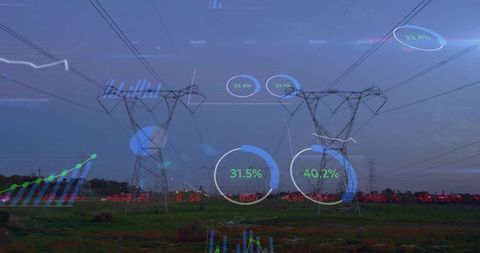 Smart grid data overlaying transmission towers and power lines at twilight