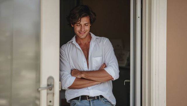 Relaxed young man leaning in doorway wearing unbuttoned white shirt and jeans, casual lifestyle