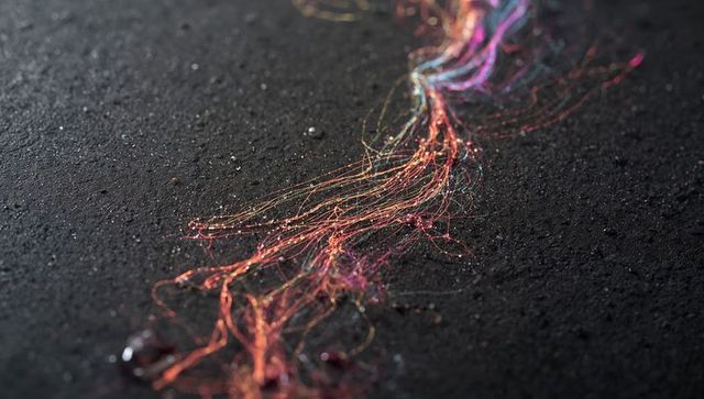 Glowing multicolor fiber stream flowing across dark textured surface