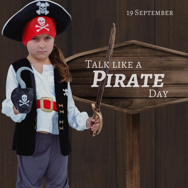 Portrait of caucasian girl wearing costume with talk like a pirate day text, copy space. Digital composite, holiday, romanticized view of golden age of piracy, talk exclusively in pirate lingo.